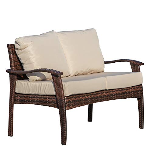 Outsunny Divano da Esterno 2 Posti in Rattan PE, Panchina da Giardino con Cuscini e Braccioli, 120x63x77cm Marrone