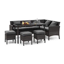blumfeldt Titania Dining Lounge Set - Arredamento da Giardino, Set per Angolo, Set in 5 Parti: Divano ad Angolo, Tavolo, 3 Sgabelli, 7 Posti, Imbottitura 8cm, Federe Grigio Scuro, Rattan: Nero
