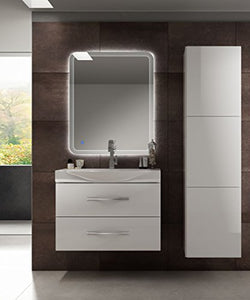 Mobile bagno moderno New York sospeso bianco, misura cm 104, con specchio, lavabo e colonna