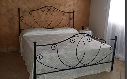 Letto Matrimoniale, Ferro BATTUTO, Modello Marta, 100% Made in Italy (Bianco, Sfumature Oro)