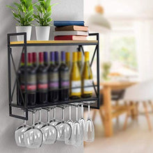 ASDFY Portabottiglie da Appendere a Parete in Ferro Artistico a 2 Livelli Portabicchieri con divisorio in Legno per 12 Bottiglie e 10 Bicchieri da Vino