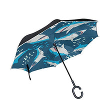LENNEL Ombrelli invertiti pieghevoli con strisce riflettenti di sicurezza notturna a forma di C maniglia doppio strato antivento design blu pesce modello