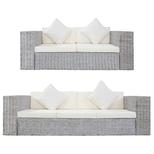 Festnight Set di Divani 2 pz in Rattan Naturale con Cuscini Grigio,Divano 2 Posti in Rattan,Divano 3 Posti in Rattan,Divano da Giardino Esterno,Set Salotto da Giardino Esterno in Rattam