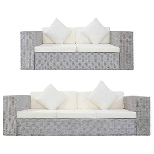 Festnight Set di Divani 2 pz in Rattan Naturale con Cuscini Grigio,Divano 2 Posti in Rattan,Divano 3 Posti in Rattan,Divano da Giardino Esterno,Set Salotto da Giardino Esterno in Rattam