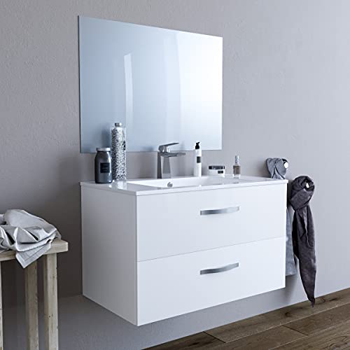 Mobile bagno SOSPESO 80 cm con lavabo in ceramica e specchio con cassetti BIANCO LINDA 8280