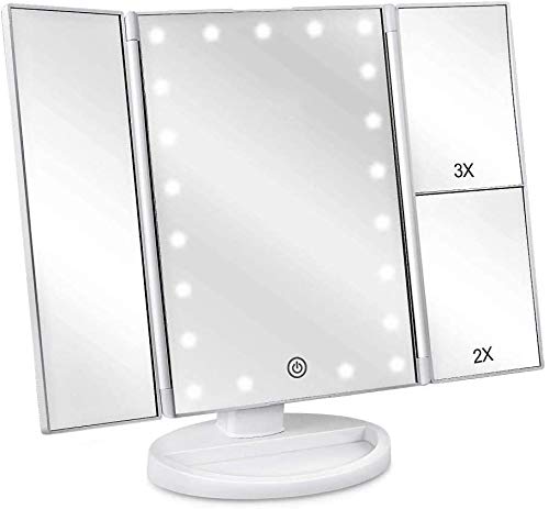 Trucco specchio con luci Specchio di vanità illuminato con 21 luci a LED, touch screen e specchio 3x / 2x / 1x ingrandimento, due specchietti da tavolo in modalità alimentazione da tavolo, specchio co