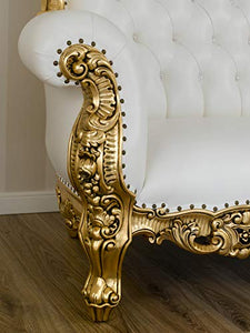 SIMONE GUARRACINO LUXURY DESIGN Divano Boutique Stile Barocco Francese Foglia Oro Ecopelle Bianca Bottoni Crystal SW