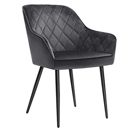 SONGMICS Sedia da Pranzo, Poltroncina, Sedia Imbottita con Braccioli, Sedile Ampio 49 cm, Gambe in Metallo, Fodera in Velluto, Portata 110 kg, per Soggiorno Camera da Letto Studio, Grigio LDC088G01