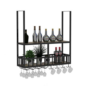 Porta Bottiglie da Vino Portabottiglie sospeso con Supporto per Bicchiere di Vino, Mobile da Parete Industriale Vintage in Metallo da Parete, per Bar/Cucina/casa, Nero Rack di stoccaggio