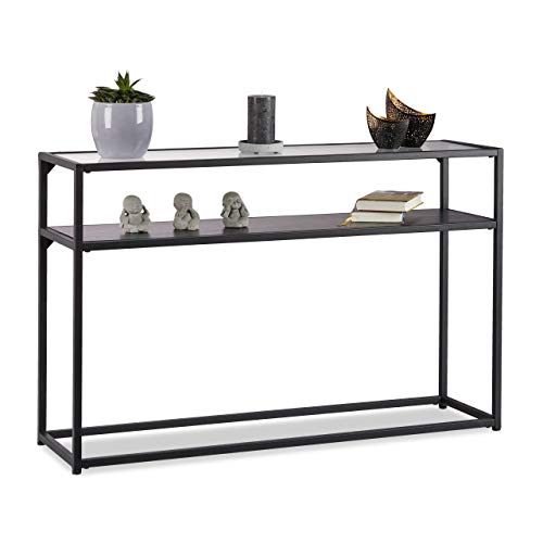 Relaxdays Tavolino da Soggiorno in Vetro, Trasparente, Struttura in Metallo, 4 Gambe, MDF, Nero, HxLxP: 70,5x110x30 cm