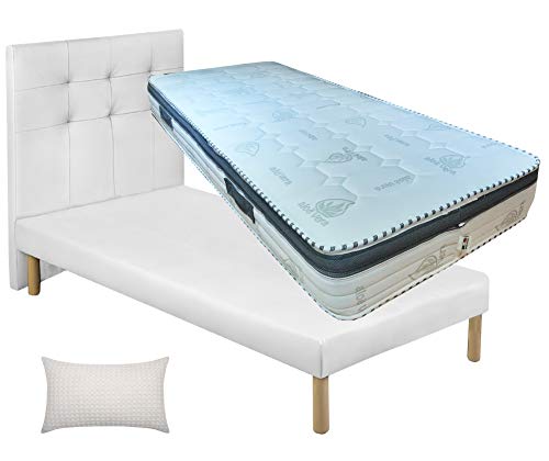 SARDAMATERASSI Letto singolo senza contenitore in similpelle bianco, elegante + rete a doghe in legno di faggio + materasso memory 22 cm sfoderabile + guanciale in fibra 3D
