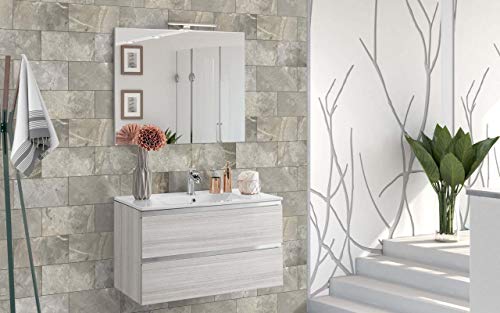 Mobile da bagno con lavabo - Componibile bagno 2 cassetti con maniglia a gola, lavabo e specchio con luce a Led cm. 80 x 46 x 51h. (STMB)