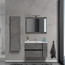 Mobile bagno sospeso 90/110 cm, cassetti e ante con chiusura rallentata, completo di specchio e lavabo in ceramioa (Effetto Pietra Oxid, Mobile 90 con lavabo e specchio)