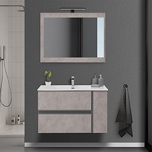Mobile bagno sospeso 90/110 cm, cassetti e ante con chiusura rallentata, completo di specchio e lavabo in ceramioa (Effetto Pietra Beige, Mobile 90 con lavabo e specchio)