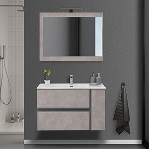 Mobile bagno sospeso 90/110 cm, cassetti e ante con chiusura rallentata, completo di specchio e lavabo in ceramioa (Effetto Pietra Beige, Mobile 90 con lavabo e specchio)