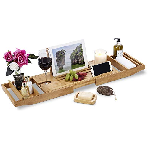 Bamboo Over Bath Bridge Vasca Caddy Tray Legno Vasca Bagno Scaffale Mensola Bagno Portasapone Pietra Pomice Bicchiere Portavivande Home Spa Esperienza Adatta alla Maggior Parte Dimensioni Vasca