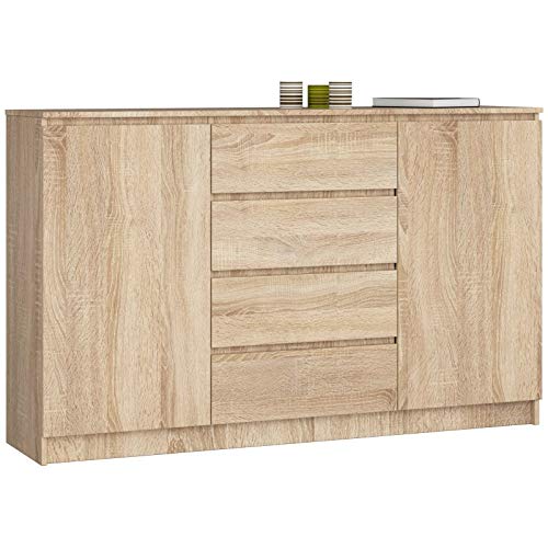 ADGO K160 2DSZ - Comò moderno a 2 ante e 4 cassetti, 160 x 40 x 99 cm (larghezza x profondità x altezza), camera da letto, soggiorno, corridoio, finitura opaca, color rovere chiaro (Sonom)
