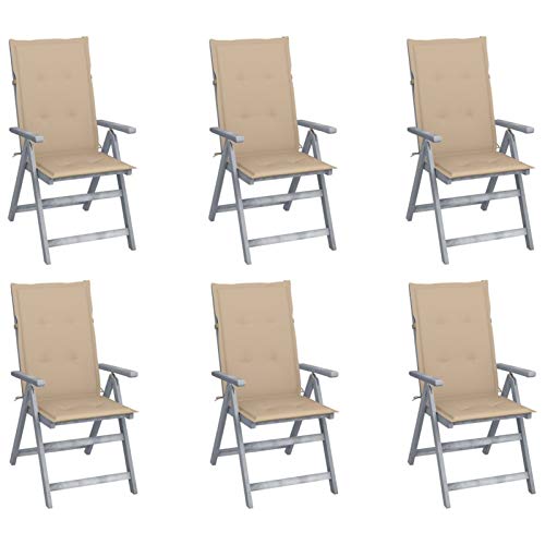 Tidyard Set 6 pz Sedie da Giardino Reclinabili in Legno Massello Acacia Grigio con Cuscini Beige 56x70x110 cm,Sedie da Esterno Reclinabili in Legno,Sedie Reclinabili,Sedie da Giardino in lengo
