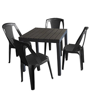 Set Mobili da giardino set tavolo da giardino in plastica, antracite, effetto legno, 78 x 78 cm + 4 X SEDIA IMPILABILE PROCIDA, Plastica Antracite, effetto rattan