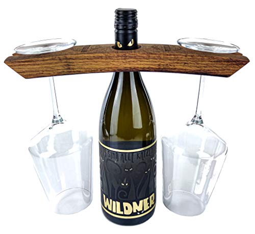 WEINKRAM Portabottiglie 2 in 1 realizzato a mano e porta bicchieri da vino in un botte di vino rosso, idea regalo per gli amanti del vino, fatto a mano in Germania, porta bottiglie di vino