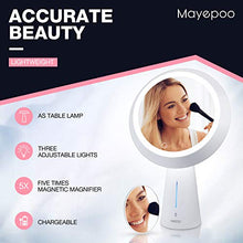 Mayepoo Specchio per Il Trucco Luce con Specchio ingranditore 5X, Modello di Lampada da Tavolo, 3 modalità di Luce Specchio per Il Trucco USB Ricaricabile, Regalo per Le Donne
