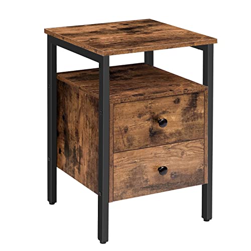 HOOBRO Comodino, Tavolino, con 2 Cassetti e 2 Ripiani Portaoggetti, Stile Industriale Vintage, Tavolino Accanto a Divano, Montaggio Facile, per Soggiorno e Camera da Letto, Marrone Vintage EBF43BZ01