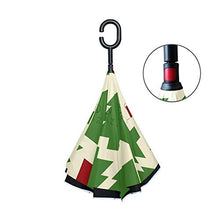 LENNEL Ombrello invertito pieghevole a doppio strato antivento design albero di Natale stampa modelli a C maniglia con strisce riflettenti di sicurezza notturna