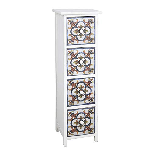 Baroni Mobiletto in Legno Bianco Shabby. Colonnina con 4 cassetti maioliche 27X28X92cm