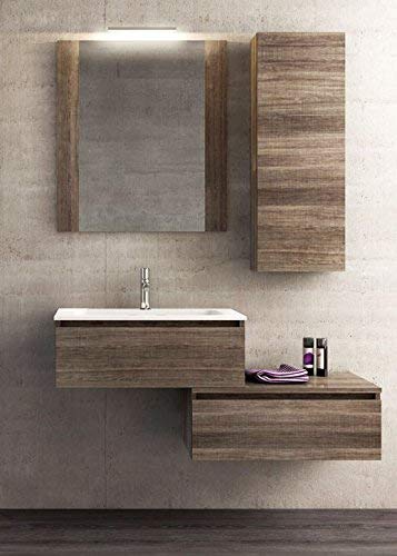 Mobile da bagno, specchio con luci a led, cassetti come da foto Misura: L.120 P.46 cm Finitura: Rovere ?tranch�? scuro Top: Lavabo integrale in Politek - 100% made in Italy