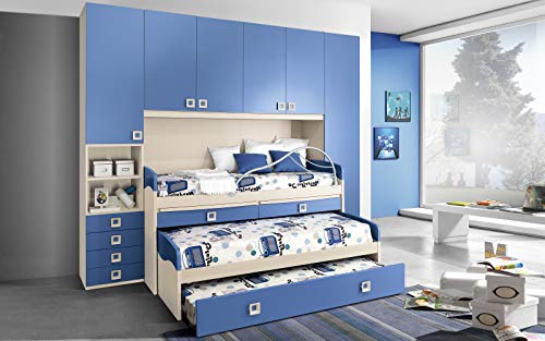 Dafne Italian Design Cameretta Completa a Ponte - Effetto Betulla, Cielo (Triplo Letto Singolo e Armadio) (cm. 300 x 96 x 259h)