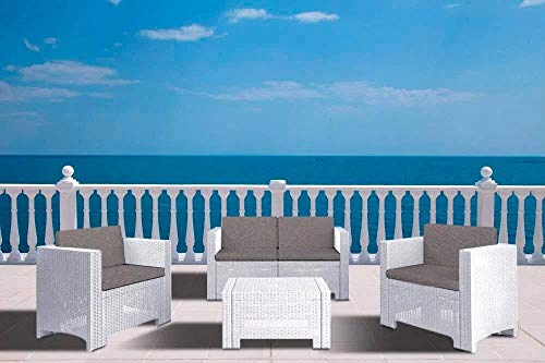Divano con Poltrone e Tavolino/Salotto/Salottino in Polyrattan per Esterno/Arredo Giardino - Mod. Dubai bianco
