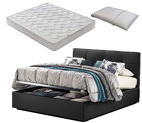 SARDAMATERASSI-Letto matrimoniale con box contenitore nero Dark classic + materasso misura 160x190 cm memory foam+coppia guanciali in memory saponetta