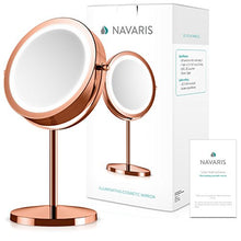 Navaris specchio ingrandente con luce LED - specchio luminoso 5:1 ingrandimento x5 specchietto girevole per il trucco da appoggio luce integrata rame
