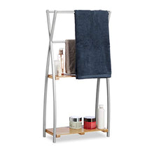Relaxdays Portasciugamani, Portasalviette, Bagno, 3 Aste, 2 Ripiani, Acciaio e Bambù, 93x46x20 cm, Argentato Naturale