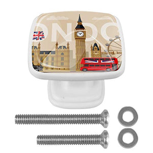 Set di 4 maniglie rotonde per armadio da cucina, credenza, cassettiera, cassettiera, con viti, per cucina, comò, armadietto, bagno, armadio, stile retrò Londra, bandiera britannica