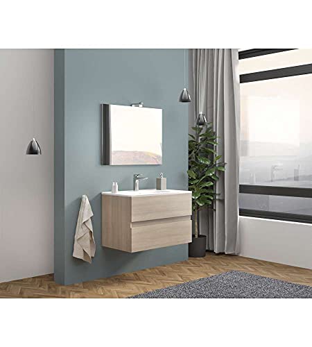 Mobile da Bagno Sospeso 80 cm Moderno 2 Cassetti Lavabo Specchio Rovere Easy
