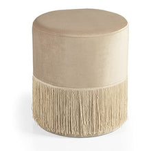 MONTEMAGGI Pouf Poggiapiedi in Velluto con Frange cilindrico Glam Beige 38x38x43cm