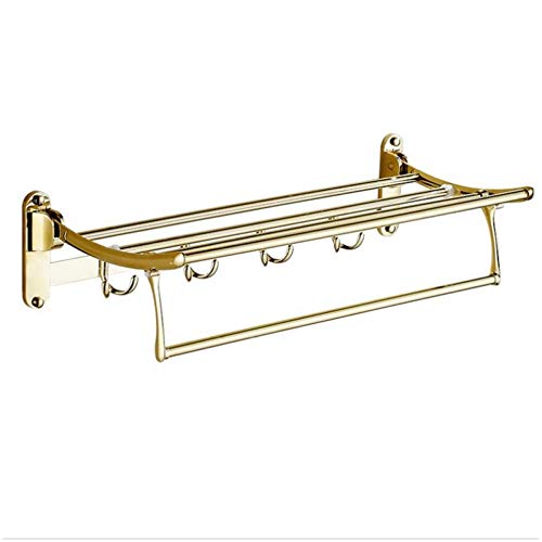 LCBLC Portasciugamani Bagno Finitura Oro Pieghevole Ripiani Portasciugamani Portasciugamani Bagno Hardware Doppio Livello Con Ganci 60 Cm