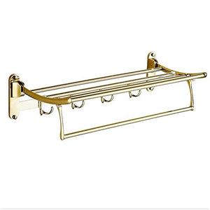 LCBLC Portasciugamani Bagno Finitura Oro Pieghevole Ripiani Portasciugamani Portasciugamani Bagno Hardware Doppio Livello Con Ganci 60 Cm