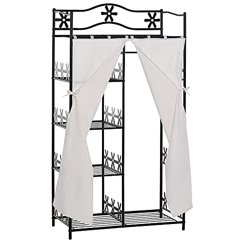 homcom Armadio Guardaroba Appendiabiti con 5 Ripiani e 2 Tende, 84 x 42 x 158.5cm, in Metallo Nero con Decori a Fiori
