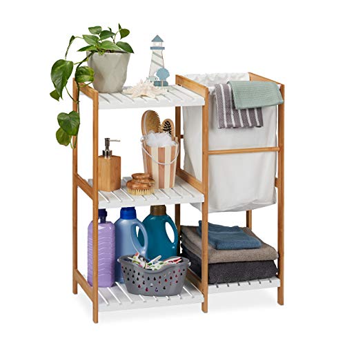 Relaxdays Scaffale Bagno Cesto Portabiancheria, Autoportante, Mobiletto Bambù & Legno MDF, 76x65,5x33 cm,naturale/bianco
