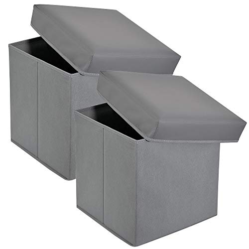 Living 2X Pouf Contenitore, Porta Oggetti, Poggiapiedi Ottoman, Pieghevole in Ecopelle, con Coperchio Imbottito, Colore Grey| Seduta Fino a 85 kg| 38x38x38 cm