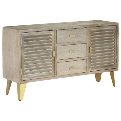 SKM Cassettiera Legno Massello di Mango Grigio e Ottone 140x40x80cm