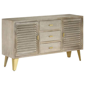 SKM Cassettiera Legno Massello di Mango Grigio e Ottone 140x40x80cm