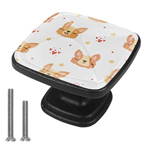 Set di 4 pezzi con maniglia quadrata per armadio da cucina, credenza, cassettiera, cassettiera, con viti, per cucina, comò, armadietto, bagno, armadio carino Corgi cane sorriso cuore stelle