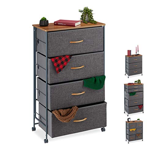 Relaxdays Cassettiera con Ruote, Cassetti in Stoffa, Mobiletto, Ripiano in Aspetto Legno, HxLxP: 93x58x30 cm, Grigio, Acciaio, Poliestere, Pannelli MDF, 93 x 58 x 30 cm