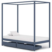 Lasamot Struttura Letto in Legno di Pino con 2 cassetti, Struttura a baldacchino per zanzariera, Staffa per Montante, Adatta per Materasso 90x200 cm (Materasso Non Incluso), Grigio