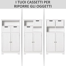 kleankin Mobile Bagno Multiuso con Armadietto 2 Ante, Mensola e 2 Cassetti Regolabili 60x30x108.8cm, Bianco