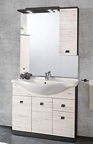 Mobile da bagno con pensile a destra che comprende base, lavabo unico in ceramica e specchio con luci (20W C4). cm. 105 x 50 x 190h. (STMB)
