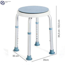 Sgabello girevole per doccia Timago, dimensioni 33 x 52 cm, struttura rotonda in alluminio con sedile in PVC e cuscinetti antiscivolo, altezza regolabile da 34,5 a 52 cm, capacità di carico 110 kg